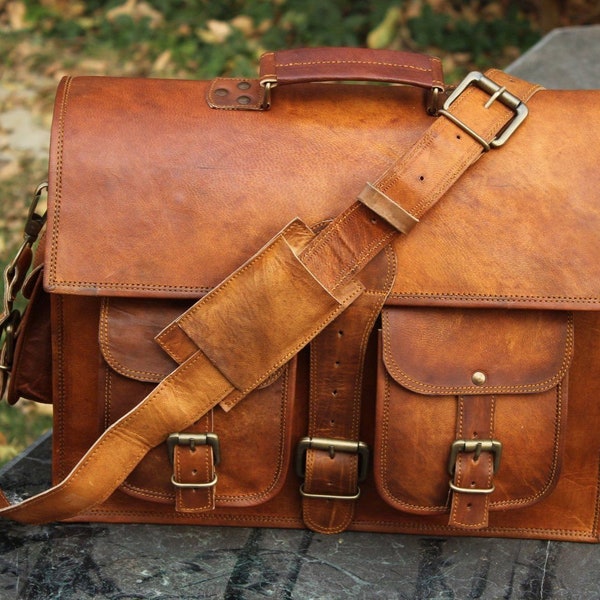 Genuine Brown Leather Messenger Shoulder Laptop Briefcase Rustic Vintage Bag handmade Satchel  crossbody bag