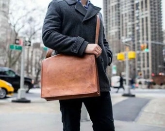 Bolso mensajero de cuero vintage, bolso real bolso portátil genuino bolso maletín marrón, bolso de oficina, bolso escolar, cuero genuino.