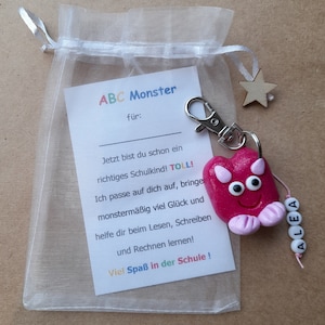 ABC Monster, back to school, school enrolment, pendant, school bag gift, money gift, lucky charm, modeling clay, school child's name