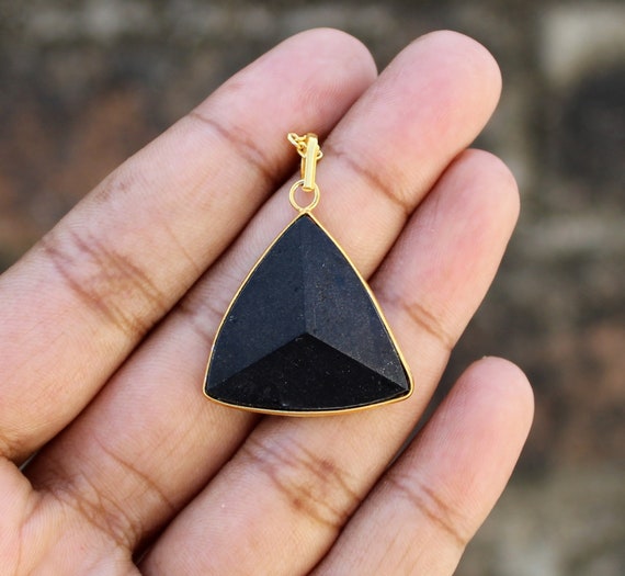 Handmade Black Tourmaline Triangle Pendant: Natural Crystal Gold Jewelry