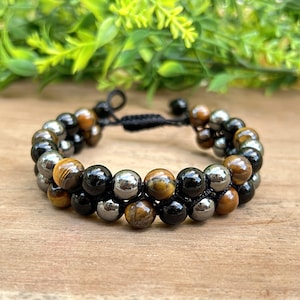 Natuurlijke drievoudige beschermingsarmband, zwarte obsidiaan, driedubbele armband tijgeroog en hematiet, dubbellaagse gevlochten armband, verstelbare armband