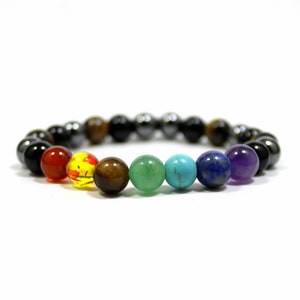 May include: A bracelet with seven chakra stones, including red, orange, yellow, green, turquoise, blue, and purple. The bracelet also includes black and brown beads.
