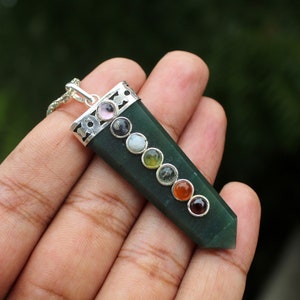 Natural Green Jade Flat Pendant,Green Jade 7 Chakra Pendant,Green Jade 7 Chakra,Green Jade Necklace with Chain