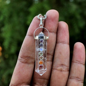 Handmade Clear Quartz 7 Chakra Double Point Pendant (40 MM)