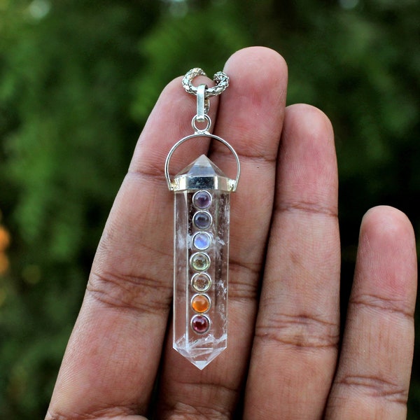 Handmade Clear Quartz 7 Chakra Double Point Pendant (40 MM)