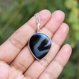 Natural Black Botswana Banded Agate Pendant,Unique Banded Agate Pendant