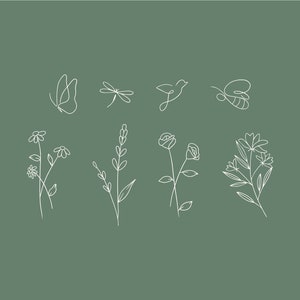 May include: A set of line art illustrations featuring a butterfly, dragonfly, bird, bee, and various flowers. The illustrations are in white on a green background.