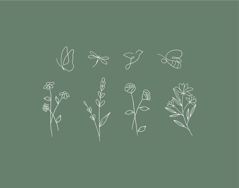 May include: A set of line art illustrations featuring a butterfly, dragonfly, bird, bee, and various flowers. The illustrations are in white on a green background.