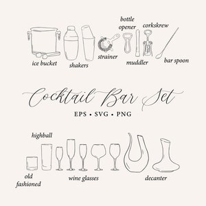Puede incluir: Ilustración de línea de un set de bar de cócteles, que incluye un cubo de hielo, cocteleras, un colador, un mortero, una cuchara de bar, un abridor de botellas, un sacacorchos, un vaso highball, un vaso old fashioned, vasos de vino y una decantador. El texto "Cocktail Bar Set" está escrito en cursiva sobre la ilustración.