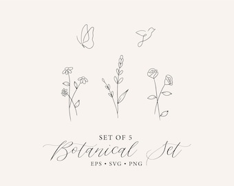 May include: Set of five black and white line drawings of botanical elements, including a butterfly, a bird, a rose, a wildflower, and a sprig of lavender. The text "Set of 5 Botanical Set" is below the drawings.
