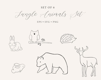 Jungle Animals Set SVG, Minimalist Bunny, Rabbit, Hedgehog, Porcupine, Deer, Minimalist Bear, Owl line art, Bear Line Art, Deer svg