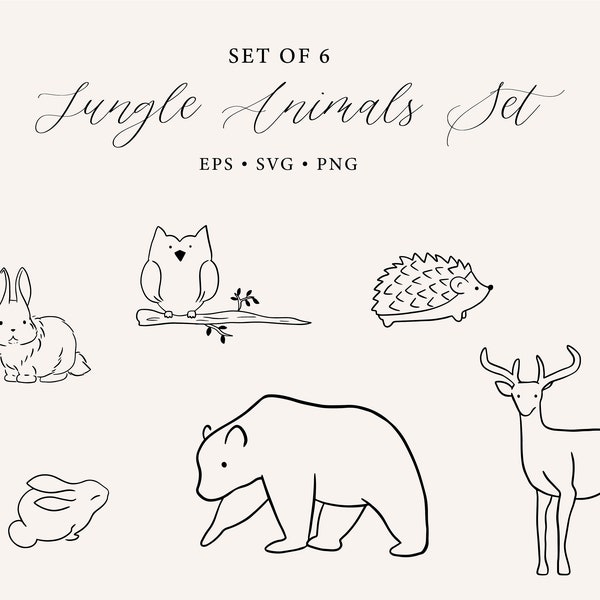 Jungle Animals Set SVG, Minimalist Bunny, Rabbit, Hedgehog, Porcupine, Deer, Minimalist Bear, Owl line art, Bear Line Art, Deer svg