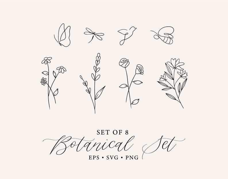 May include: Set of eight black and white line drawings of botanical elements, including a butterfly, dragonfly, bird, bee, flowers, and leaves. The text "Set of 8 Botanical Set EPS. SVG. PNG" is at the bottom of the image.