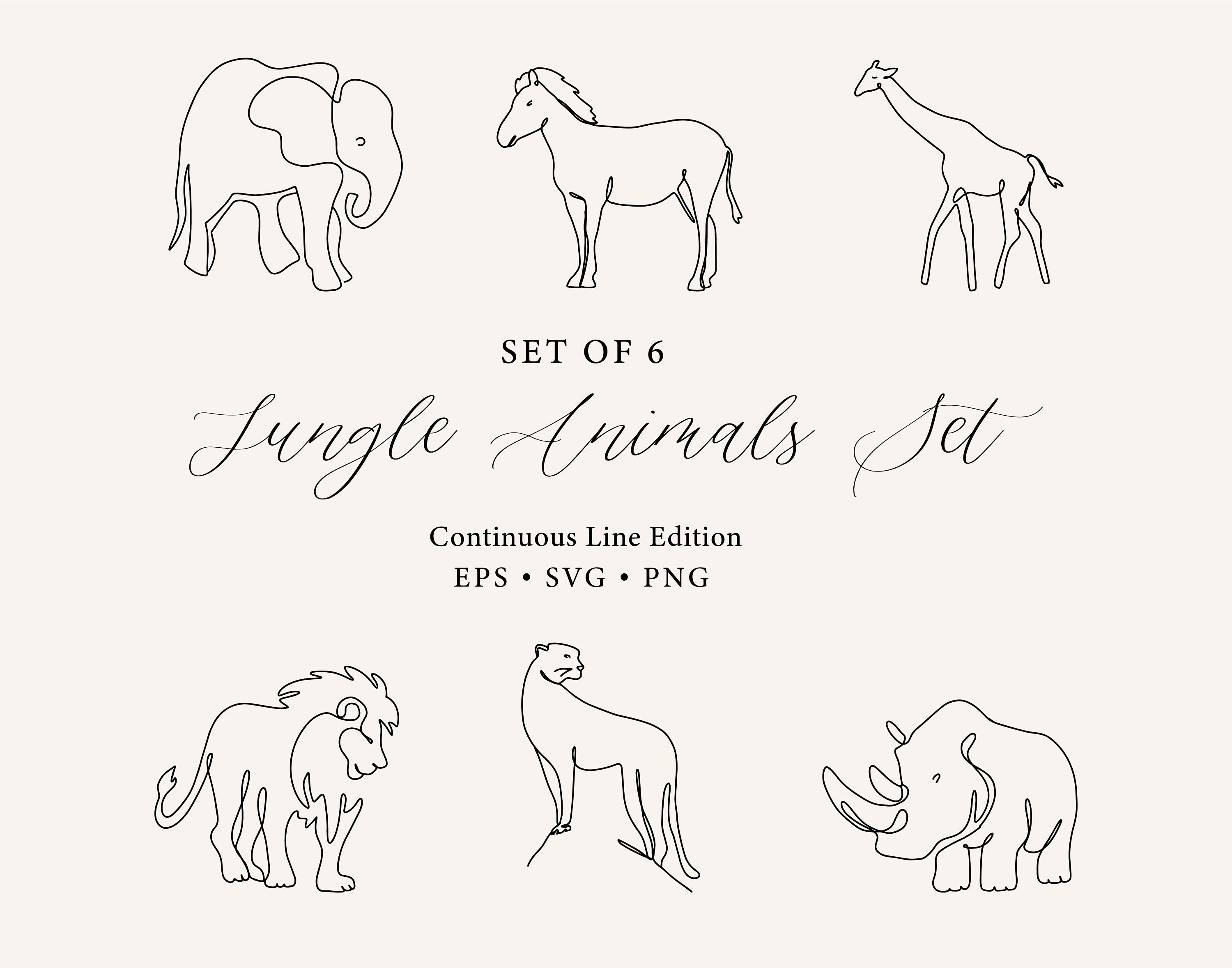 Safari Animals Set SVG, Minimalist Giraffe SVG, Elephant, Rhino, Cheetah, Lion, Zebra, Minimalist Animal Clipart, African Animals Line Art