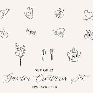 Zestaw stworzeń ogrodowych SVG, motyl SVG, dziki kwiat i motyl minimalistyczny, Butterfly Line Art svg, ptak linia artystyczna, ptak i kwiaty, narzędzia