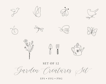 Garden Creatures Set SVG, Butterfly SVG, Wildflower and Butterfly Minimalist, Butterfly Line Art svg, bird line art, bird and flowers, tools