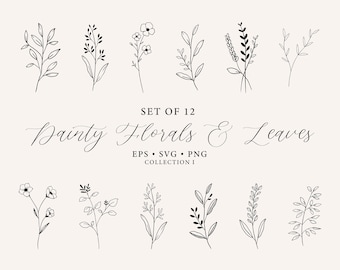May include: Set of 12 black and white line drawings of dainty florals and leaves.  The drawings are simple and elegant, perfect for adding a touch of nature to any design project.  EPS, SVG, PNG Collection I.