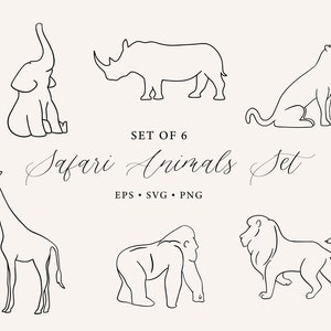 Safari dieren set SVG, minimalistische giraffe SVG, olifant, neushoorn, cheetah, leeuw, gorilla, minimalistische dierlijke clipart, Afrikaanse dieren svg
