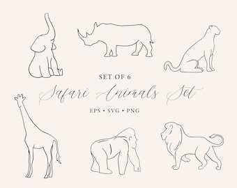 Safari Animals Set SVG, Minimalist Giraffe SVG, Elephant, Rhino, Cheetah, Lion, Gorilla, Minimalist Animal Clipart, African Animals svg