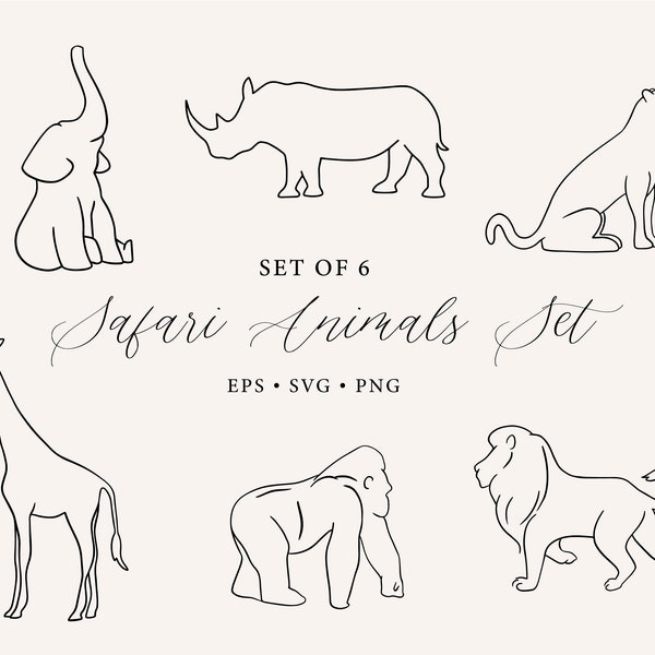 Safari Animals Set SVG, Minimalist Giraffe SVG, Elephant, Rhino, Cheetah, Lion, Gorilla, Minimalist Animal Clipart, African Animals svg