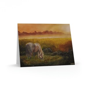 Serene zonsondergang met paard originele aquarel print wenskaarten (8, 16 en 24 stuks)