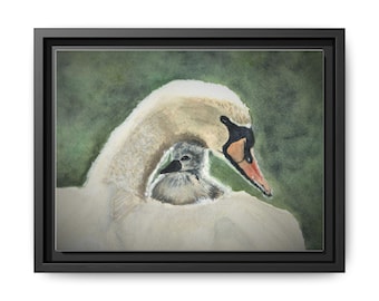 Tela incorniciata, decorazione da parete, stampa opaca, pittura ad acquerello di cigni madre e bambino, decorazione per la cameretta dei bambini, opere d'arte sulla fauna selvatica