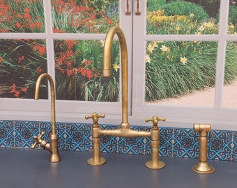 Unlacquered Brass Rustic Bridge Faucet With Gooseneck Spout - Kitchen Sink Faucet