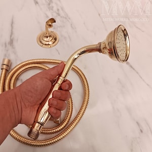 Douchette à main en laiton massif faite main avec tuyau flexible et support mural à broches