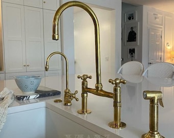 Unlacquered Brass Rustic Bridge Faucet With Gooseneck Spout - Kitchen Sink Faucet