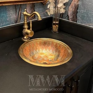 Unlacquered Brass Bathroom Sink Studded With Copper - 14 inch Handmade Drop in Sink