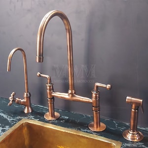 Oil Rubbed Bronze Bridge Faucet With Sprayer For Kitchen