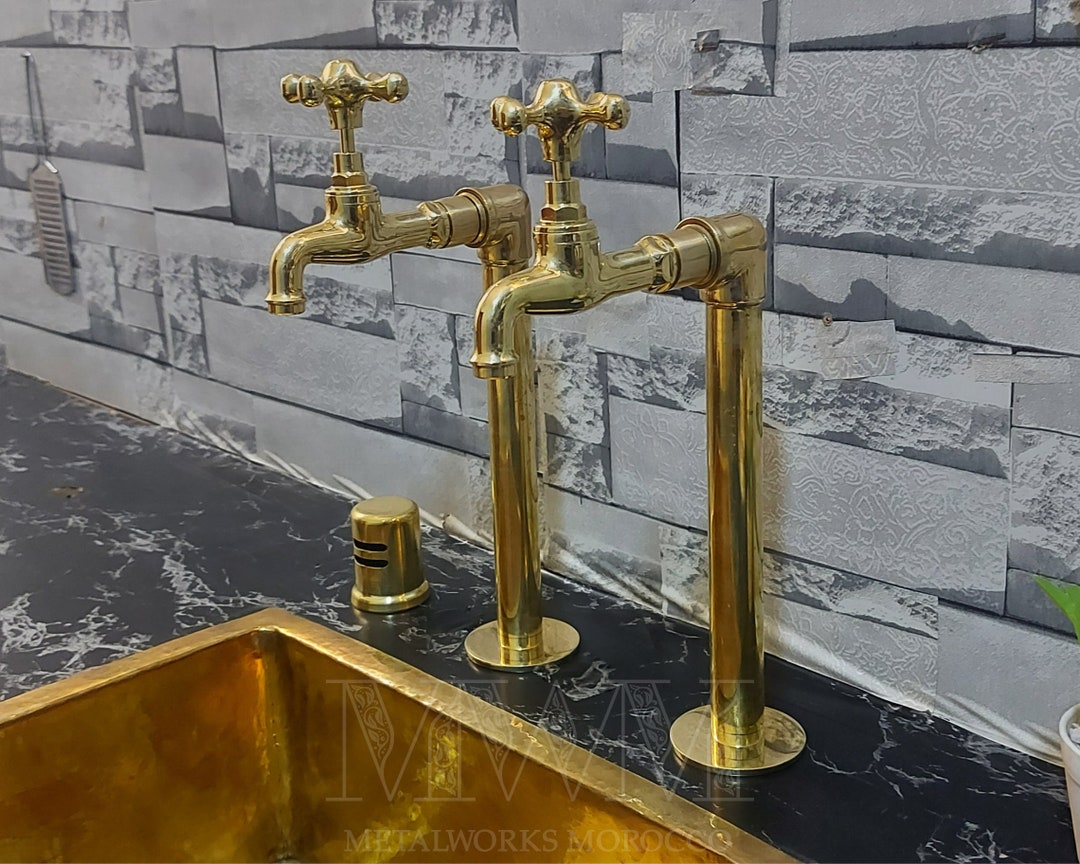 Rustic Brass Kitchen Bib Taps Counter Mount Pillar Taps Etsy