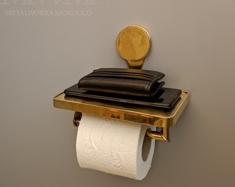 Unlacquered Brass Toilet Paper Holder With Shelf Wall Mounted- Handmade Toilet Roll Holder