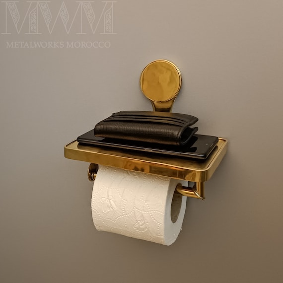 Unlacquered Brass Toilet Paper Holder With Shelf Wall Mounted