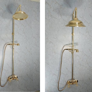 Retro Solid Brass Shower System Set With New Handheld Holder - Unlacquered Brass Handmade