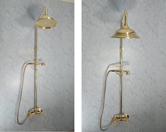 Retro Solid Brass Shower System Set With New Handheld Holder - Unlacquered Brass Handmade