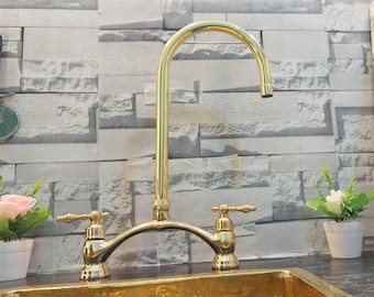 Solid Brass Bridge Faucet With Lever Handles - Classic U Unlacquered Brass Sink Faucet