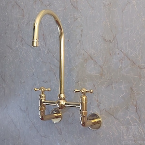 Unlacquered Brass Wall Mounted Bridge Faucet - Kitchen Sink Faucet