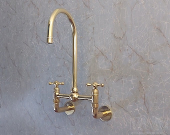 Unlacquered Brass Wall Mounted Bridge Faucet - Kitchen Sink Faucet