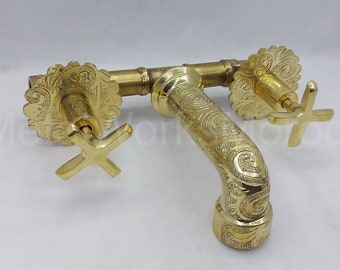 Solid Brass Wall Mount Tub Filler With 6’’ Etched Thick Spout - Wall Mounted Bathroom Faucet