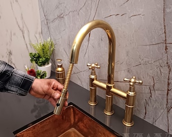 Brass Bridge Kitchen Faucet With Pull Down Sprayer