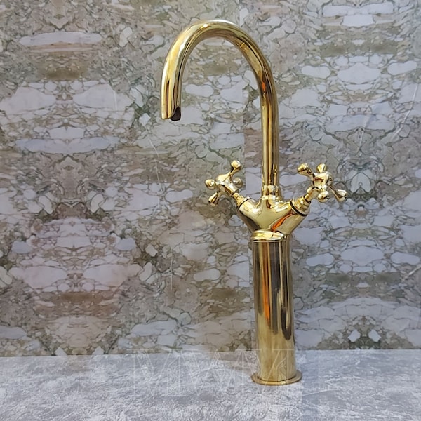 Brass Vessel Sink Faucet - Gooseneck Bathroom Faucet