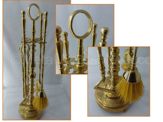 Unlacquered Brass Fireplace Tool Set - Handmade Etched Fireside Accessories