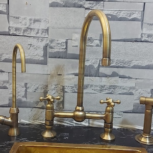 Old Brass Kitchen Bridge Faucet - Antique Brass Swan Sink Faucet