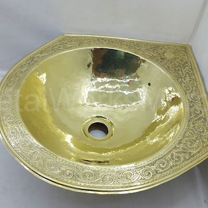 Etched Unlacquered Brass Corner Sink - Handmade Vanity Sink