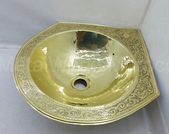 Etched Unlacquered Brass Corner Sink - Handmade Vanity Sink