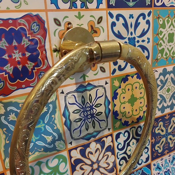 Embossed Brass Towel Ring Holder - Handcrafted Bathroom Towel Ring - 100% Moroccan