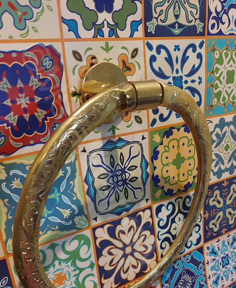 Embossed Brass Towel Ring Holder Handcrafted Bathroom Towel Ring 100% Moroccan image 1