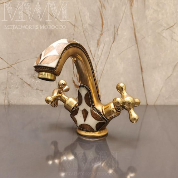Brass Bath Mixer Taps with Resin & Wood Inlay | Handmade Solid Brass Bathroom Faucet