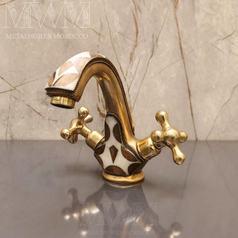 Brass Bath Mixer Taps with Resin & Wood Inlay | Handmade Solid Brass Bathroom Faucet image 1